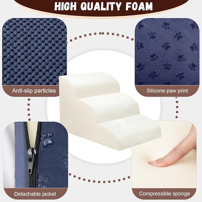 Dog Stairs for Small Dogs - High Density Foam Pet Steps, Extra Wide Dog Ramp with Non-Slip Bottom for High Beds, Couch and Sofa, Best for Dogs Injured, Older Doggy Cats, 3 Steps, Navy-PurrikoPets