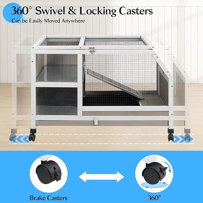 36''L Rabbit Hutch Outdoor with Casters and Run, Wooden Indoor 2 Story Guinea Pig Cage with Divider Panel, Pull Out Tray, Rabbit Duck Bunny House for Small to Medium Animals and Pet Lover, Gray-PurrikoPets