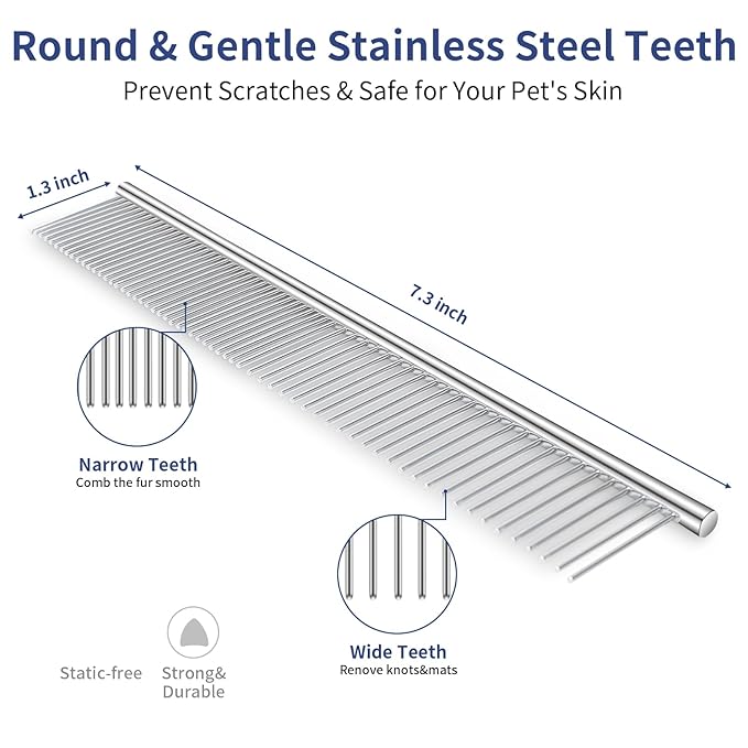 5 in 1 Dog Grooming Kit - Self-Cleaning Slicker Brush for Shedding Short Long Haired Dogs & Cats, Includes Pet Comb, Flea Comb, Bath Brush, Undercoat Rake - Complete Fur Care Set - Blue-PurrikoPets