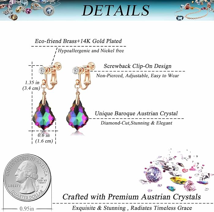 Austrian Crystal Baroque Drop Clip On Dangle Earrings for Women Non Pierced 14K Rose Gold Plated Hypoallergenic Jewelry