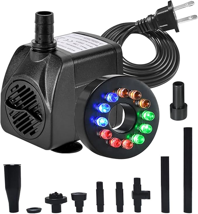 15W 1000L/H Submersible Fountain Water Pump with 12 Colorful LED Lights, Mushroom and Blossom Spray Head for Fountain,Pond,Outdoor Water Feature, Statuary Gardens,Aquarium Fish Tank-PurrikoPets