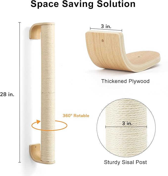 FUKUMARU Cat Wall Scratcher, 28" Wall Mounted Kitten Scratching Post, Sturdy Sisal Climbing Tree for Indoor Cats-PurrikoPets