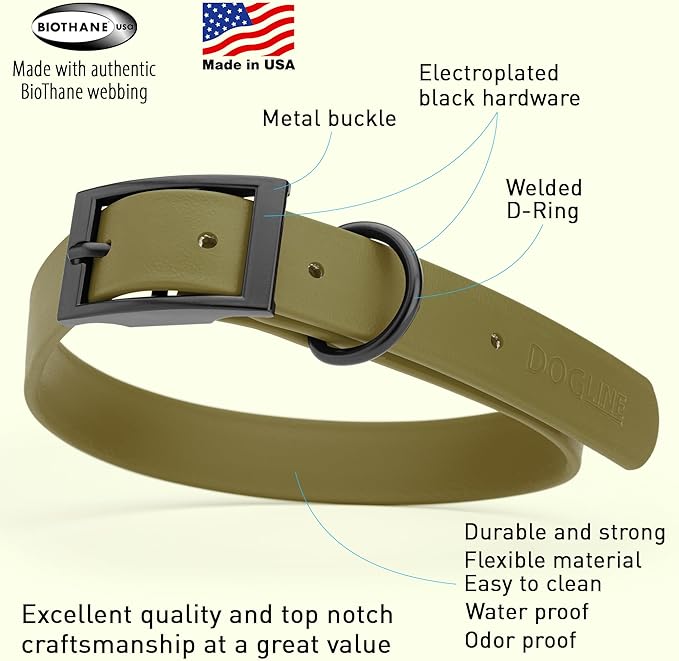 Dogline Biothane Waterproof Dog Collar Strong Coated Nylon Webbing with Black Hardware Odor- Proof for Easy Care Easy to Clean High Performance Fits Small Medium or Large Dogs, Olive Drab Green-PurrikoPets