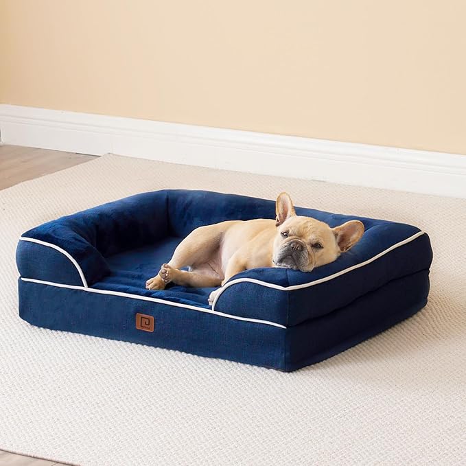 EHEYCIGA Orthopedic Dog Beds for Large Dogs, Waterproof Memory Foam Large Dog Bed with Sides, Non-Slip Bottom and Egg-Crate Foam Pet Couch Bed with Washable Removable Cover, Navy-PurrikoPets