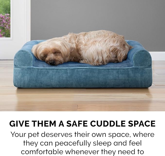 Furhaven Cooling Gel Dog Bed for Medium/Small Dogs w/ Removable Bolsters & Washable Cover, For Dogs Up to 35 lbs - Faux Fur & Velvet Sofa - Harbor Blue, Medium-PurrikoPets
