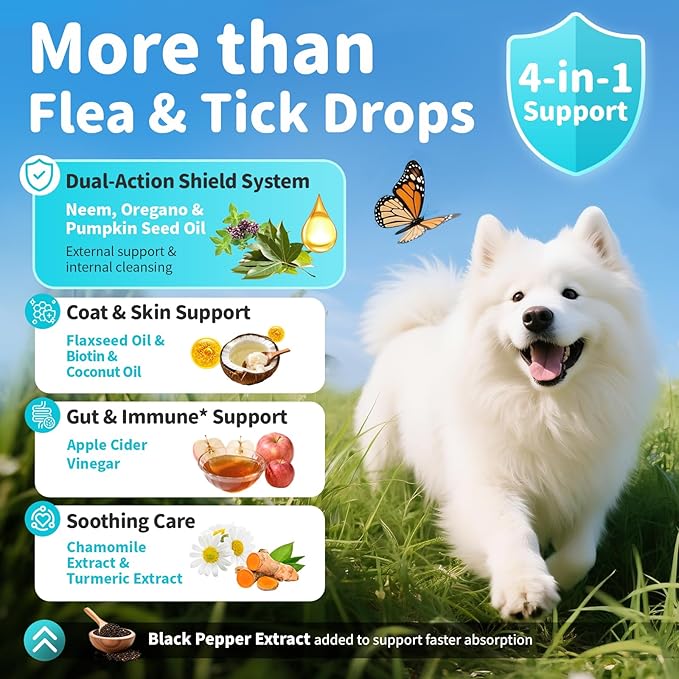 Dog Flea and Tick Support, Natural Herbal Flea & Tick Comfort for Dogs, Flea Liquid Drops Supplement for Dogs with Neem, Oregano, Pumpkin Seed Oil - Chicken Flavor, 2 FL.Oz - All Breeds & Sizes-PurrikoPets