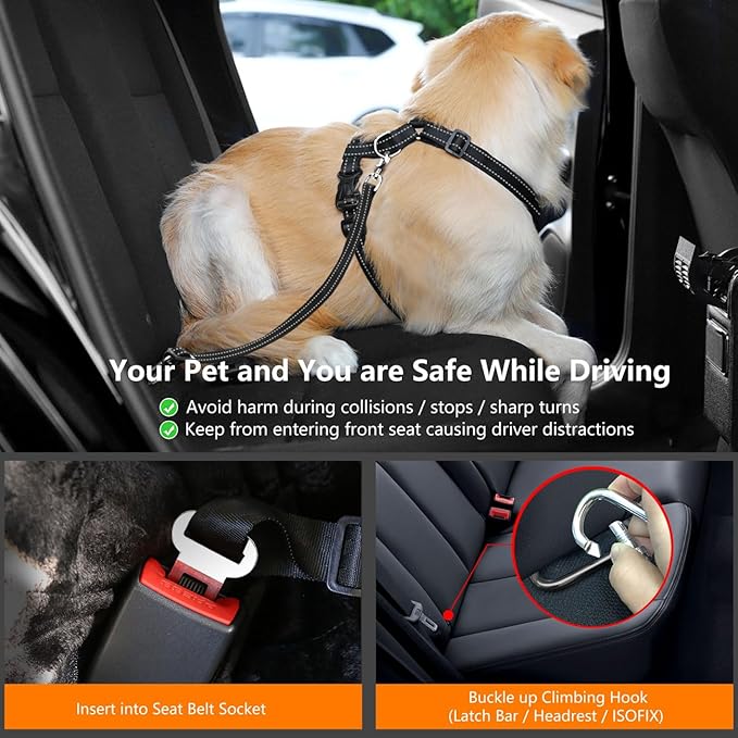 Dog Seat Belt Harness for Car, Dog Car Harness Adjustable Mesh Breathable & Dogs Seatbelt Safety Tether with Elastic Bungee for Small Medium Large Pets(Carbon Black, L)-PurrikoPets