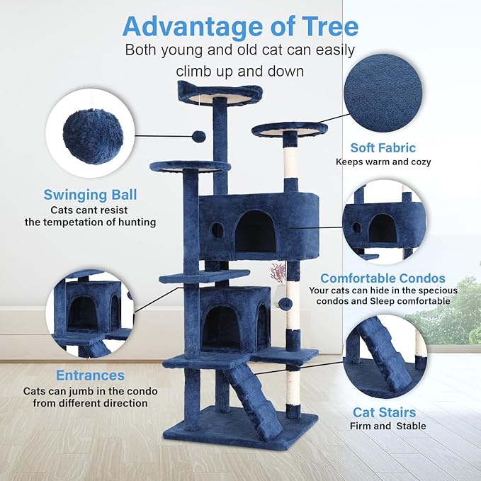 FDW Cat Tree 54in Cat Tower Multi-Level Durable Cat Scratching Post & Cozy Fun Cat Jumping Platform Space Saving Cat Condo Pet Play House for Indoor Cats,Navy Blue-PurrikoPets