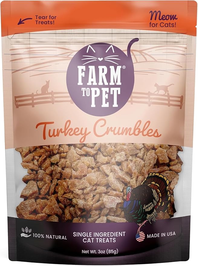 Farm To Pet - Cat Treat Crumbles - 3 oz Single Ingredient Turkey Cat Treats or Snacks - Healthy for Indoor Cats and Kitten- Essential Products (Mix with Wet or Dry Food)-PurrikoPets