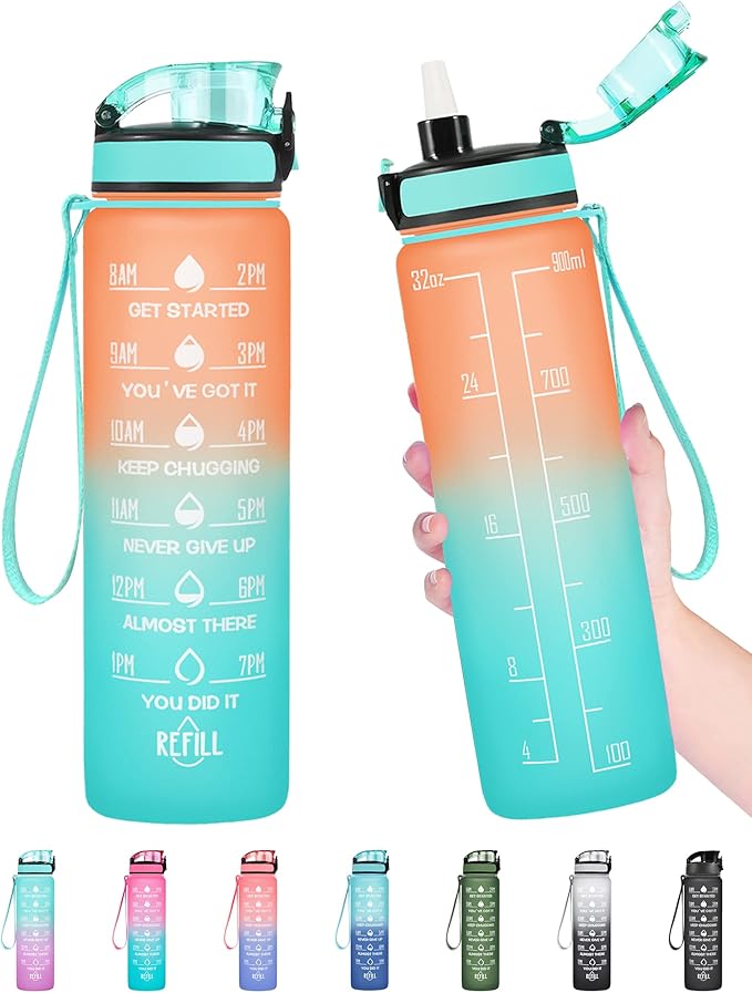 Enerbone Water Bottle, Leakproof BPA & Toxic Free, Motivational Water Bottle with Times to Drink and Straw, Fitness Sports Water Bottle with Strap for Office, Gym, Outdoor Sports-PurrikoPets