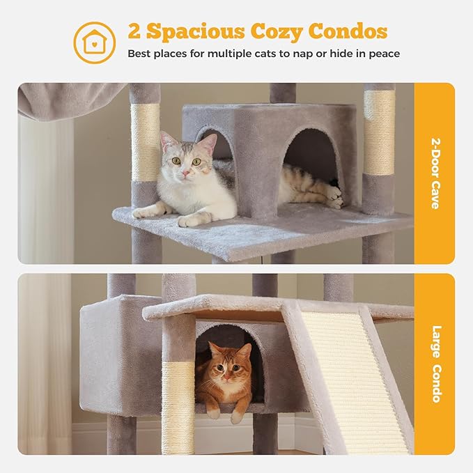 81" Heavy Duty Cat Tree for Large Cats up to 20lbs - Extra Tall Cat Tower with Metal Frame Hammock, 6 Sisal Scratching Posts, 2 Perches - Indoor Cat Furniture for Maine Coon, Big Cats, Gray-PurrikoPets