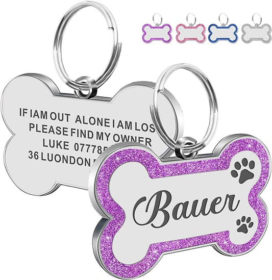 Dog Tags Personalized for Pets Dog Name Tags Personalized Dog Tag Engraved with Any Name & Text Custom Dog ID Tags Glitter Bone ID Tag for Puppy Cat (Purple S, Bone)-PurrikoPets