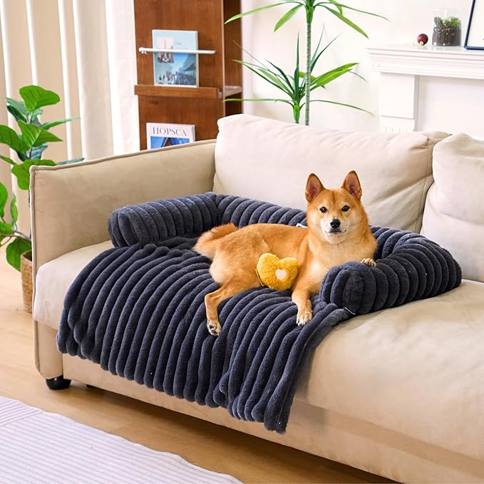 FUNNY FUZZY Pet Couch Cover for Sofa, Calming Dog Bed for Couch, Fluffy Plush Dog Couch Mat for Furniture Protector for Large Medium Small Dogs and Cats, Dark Grey-PurrikoPets