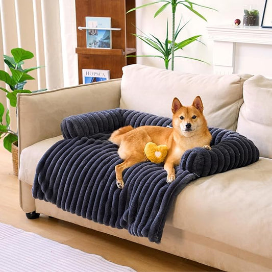 FUNNY FUZZY Pet Couch Cover for Sofa, Calming Dog Bed for Couch, Fluffy Plush Dog Couch Mat for Furniture Protector for Large Medium Small Dogs and Cats, Dark Grey-PurrikoPets