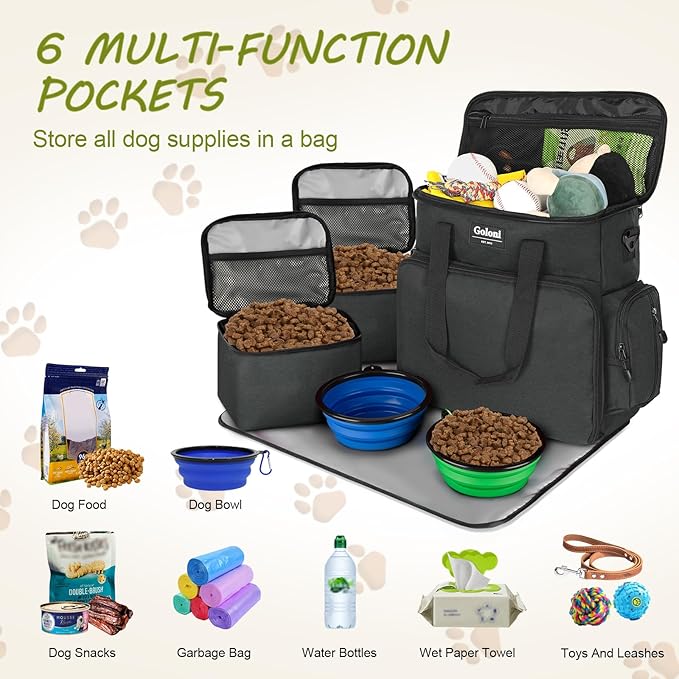 Dog Travel Bag Airline Approved–Pet Travel Tote with Collapsible Bowls,Food Containers & Feeding Mat–Multi-Pocket Organizer for Dogs & Cats, Durable & Water-Resistant for Hiking,Trips,Outdoors-PurrikoPets