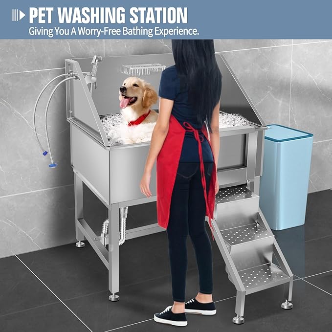 38" Pet Dog Bathing Station W/Stairs, Professional Stainless Steel Dog Grooming Tub W/Soap Box, Faucet,Rich Accessory, Dog Bathtub for Large,Medium,Small Pets, Washing Sink for Home,R-RAMP-PurrikoPets