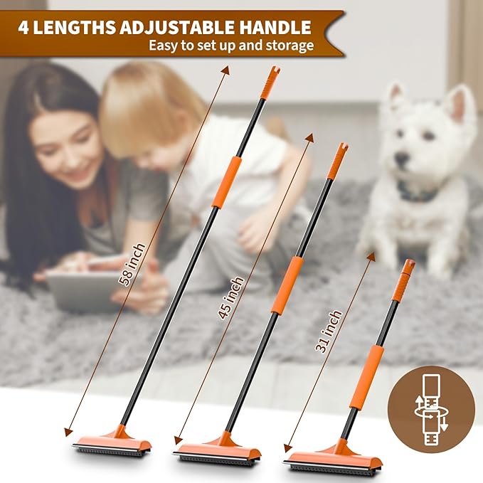 3 in 1 Carpet rake Kit for Pet Hair Removal Tool - Reusable Pet Hair Remover broom w 58"Adjustable Long Handle, Dog & Cat Carpet Scraper, Pet Hair Remover for Rugs, Mats, Couch, Curtains(Orange)-PurrikoPets