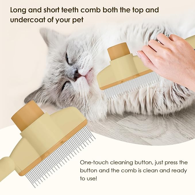 Flea Comb for Cat Hair Removal Comb, 2025 New Self-Cleaning Flea Brush for Cats and Dog, Comfort Cat Hair Removal Tool with Long & Short Stainless Steel Metal Grooming Brush(Yellow)-PurrikoPets