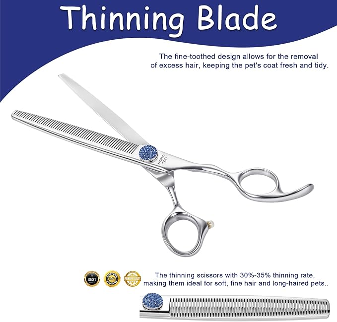 7.5'' Dog Grooming Scissors CNC 440C Blades Sharp and Durable Polished Thinning Dog Shears with Blue Diamond Adustable Screws Easy to Use for Groomer and Home User-PurrikoPets