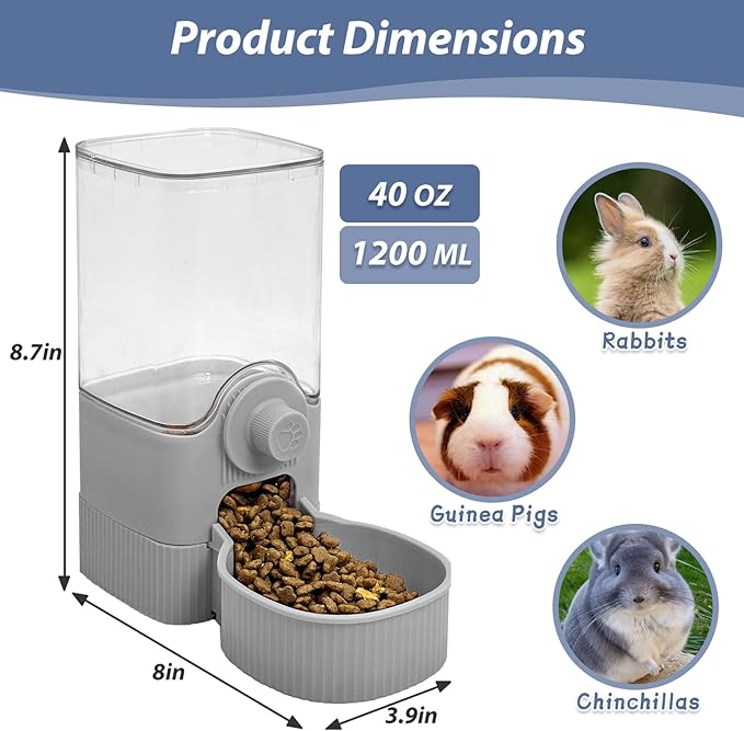Fhiny Rabbit Food Dispenser, 40oz Large Capacity Hanging Gravity Bunny Feeder for Cage Automatic Guinea Pig Feeding Bowls Pet Food Storage for Bunny Guinea Pig Chinchilla Ferret Cat Puppy-PurrikoPets