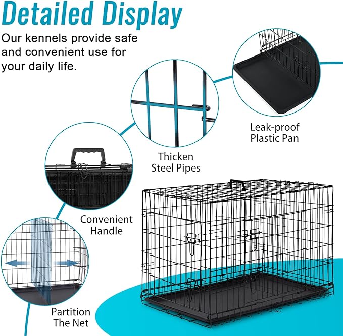 FDW Dog Crate for Small Dogs 24 Inch Folding Metal WirePet Cage Double Door W/Divider Panel Indoor Outdoor Kennel Leak-Proof Plastic Tray,Black-PurrikoPets