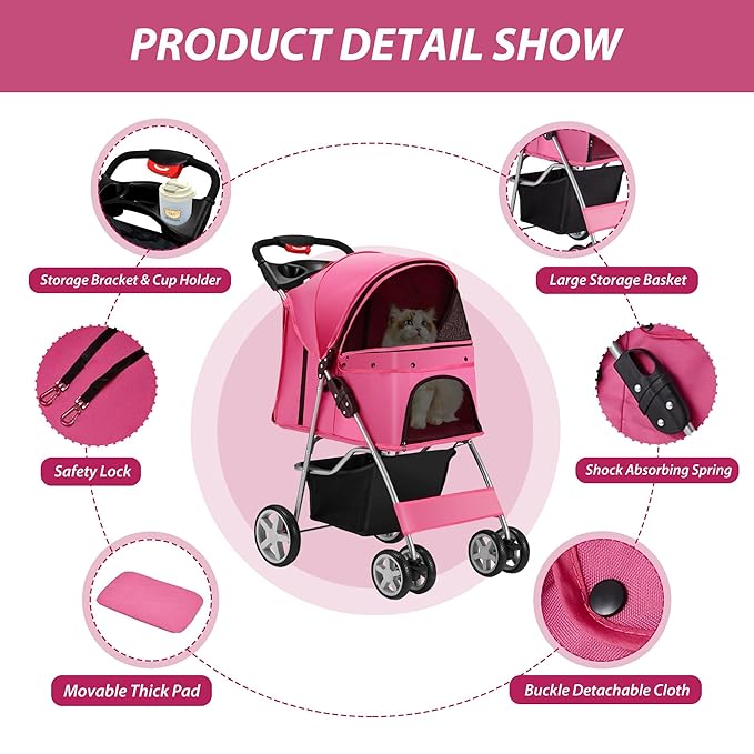 4 Wheels Pet Stroller for Small Medium Dogs Cats 10-33 lbs, Foldable Dog and Cat Stroller with Cup Holder & Storage Basket & Breathable Mesh, Pet Strolling Cart for All-Season, Pink-PurrikoPets