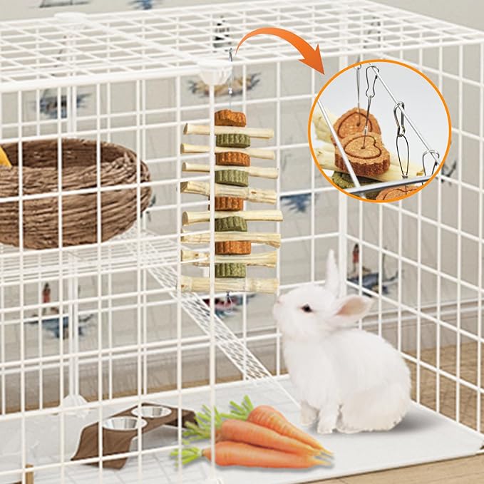 4 PCS Rabbit Chew Toys for Teeth Grinding, Delicious Bunny Cage Hanging Chew Toys, Natural Sweet Bamboo Chew Sticks and Timothy Grass Cake Hay Treats Maintaining Healthy Teeth for Rabbits-PurrikoPets