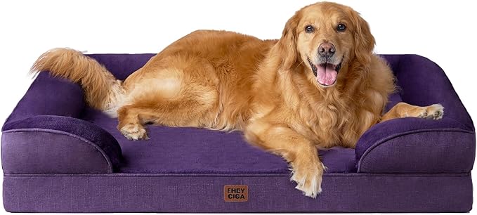 EHEYCIGA Orthopedic Dog Beds for Large Dogs, Waterproof Memory Foam Large Dog Bed with Sides, Non-Slip Bottom and Egg-Crate Foam Pet Couch Bed with Washable Removable Cover, Purple-PurrikoPets