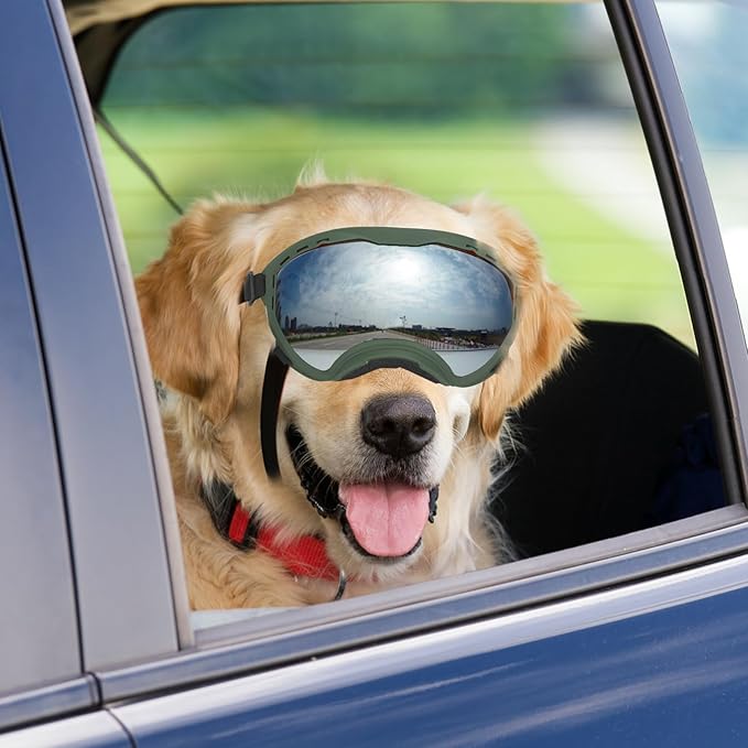 Dog Goggles for Large Dogs, UV Wind Dust Fog Protection, Soft Frame Adjustable Dog Sunglasses, Summer Driving & Winter Snow Eyewear, Tactical Pet Glasses with Elastic Strap (Green)-PurrikoPets