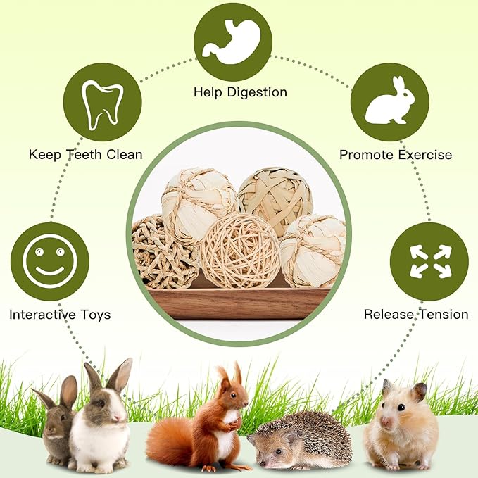 8 Pack Small Pet Chew Toys - 7cm Natural Woven Balls for Rabbits, Guinea Pigs, Hamsters (2 Seagrass, 2 Rattan, 2 Corn Husk, 2 Seaweed Rope) - Safe Dental Grinding Toys-PurrikoPets