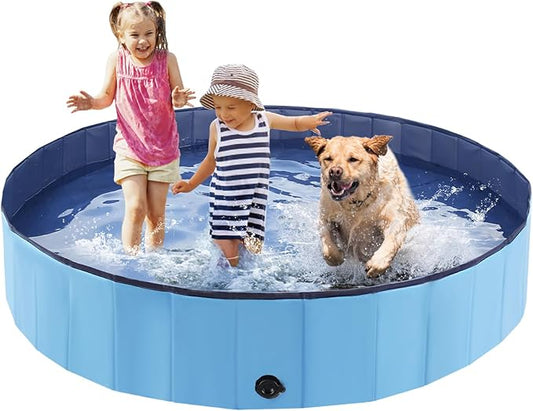 Foldable Dog Bath Swimming Pool Plastic Kiddie Pool Professional Tub Collapsible Grooming Bathtub for Pets Kids Baby and Toddler, 55 x 12 Inches Blue-PurrikoPets