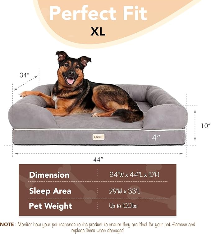 Friends Forever X-Large Dog Bed, Orthopedic Dog Sofa Memory Foam Mattress, Calming Dog Couch Bed, Wall Rim Pillow, Water Resistant Liner, Washable Cover, Non-Slip Bottom, Chester, X-Large Grey-PurrikoPets