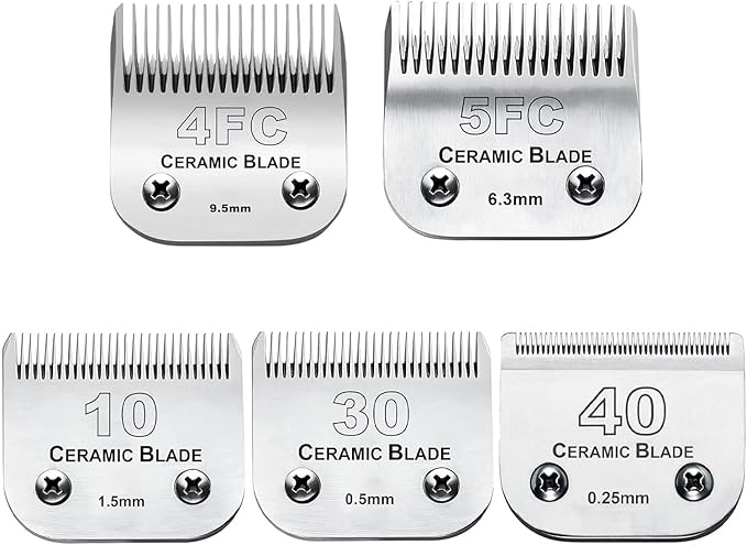 5PCS 10 Blades Dog Grooming Replacement Blades Compatible with Andis Pet Clipper/Oster A5/Wahl KM Series Dog Clipper,Ceramic Blade & Stainless Steel Blade, Size ：#10+30+40+5FC+4FC-PurrikoPets