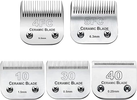5PCS 10 Blades Dog Grooming Replacement Blades Compatible with Andis Pet Clipper/Oster A5/Wahl KM Series Dog Clipper,Ceramic Blade & Stainless Steel Blade, Size ：#10+30+40+5FC+4FC-PurrikoPets