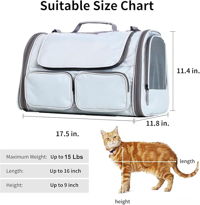 FUKUMARU Cat Carrier, Soft-Sided Small Dog Carrier, Large Cat Travel Bag with 4 Mesh Windows, Under 15 lb Airline Approved Pet Carrier with 4 Storage Pockets, Rollable Cover for Nervous Cats, Grey-PurrikoPets