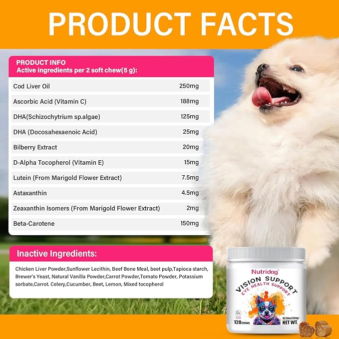 Eye Supplements for Dogs - Vision Support Soft Chews with Lutein, DHA & Vitamin C | 120ct Salmon Flavor Tear Stain Chews | Cataract & Dry Eye Relief Supplement (120 Ct, Salmon)-PurrikoPets