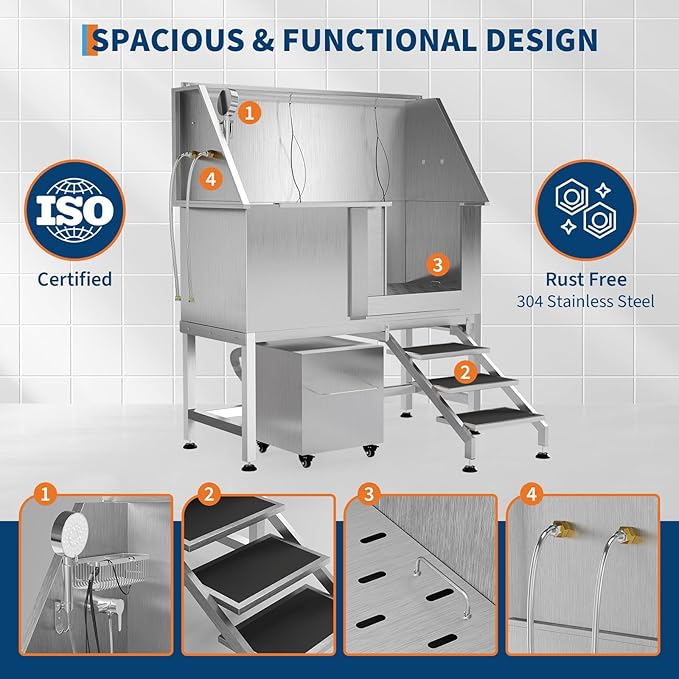 50" Stainless Steel Professional Dog Washing Station - Pet Bathing Tub w/Non-Slip Stairs & Storage Shelf | Slip-Resistant Floor Grate | for Large/Medium/Small Dogs-PurrikoPets
