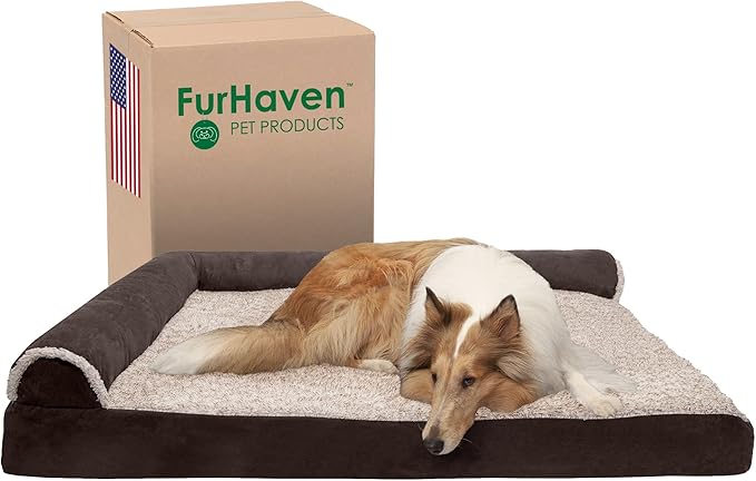 Furhaven Cooling Gel Dog Bed for Large Dogs w/ Removable Bolsters & Washable Cover, For Dogs Up to 125 lbs - Two-Tone Plush Faux Fur & Suede L Shaped Chaise - Espresso, Jumbo Plus/XXL-PurrikoPets