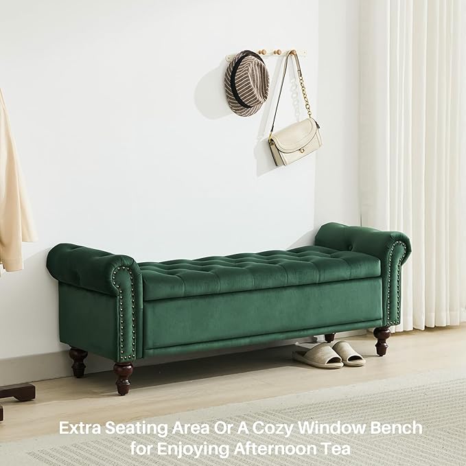 58.1'' Storage Bench Upholstered Velvet End of Bedroom Bed Bench Ottoman with Tufted Cushioned Rolled Arm Large Storage Space for Reading Living Room Entryway,Dark Green-PurrikoPets