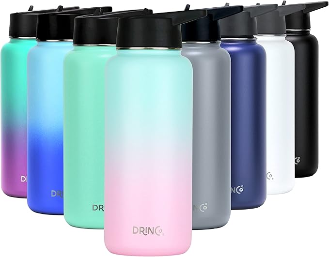 DRINCO Stainless Steel Water Bottle Spout Lid Vacuum Insulated Double Wall Water Bottle Wide Mouth (40oz 32oz 22oz 18oz 14oz) Leak Proof Keeps Cold or Hot (32 oz, 32oz Macaron)-PurrikoPets