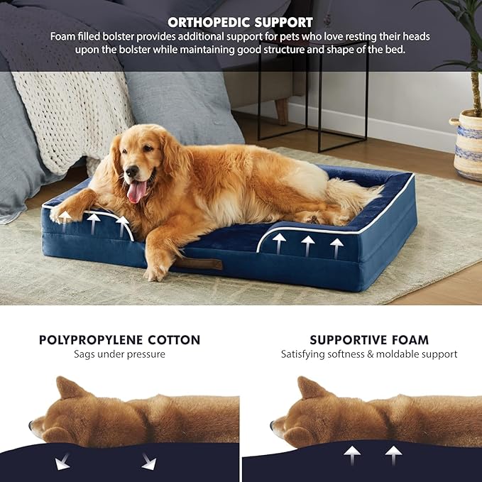 Friends Forever Orthopedic Dog Bed, Bolster Dog Bed with Memory Foam Pet Couch Sofa and Removable Washable Cover, Ally Navy, 42x32x7-PurrikoPets