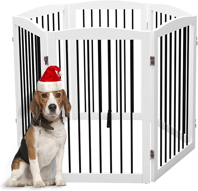 Freestanding Pet Gate for Dogs, Indoor Wooden Foldable Dog Gate for House, Extra Wide, Pet Fence for Stairs, Doorways, Halls, Support Feet Included, 120 Inch Wide, 6 Panels 32",White-PurrikoPets