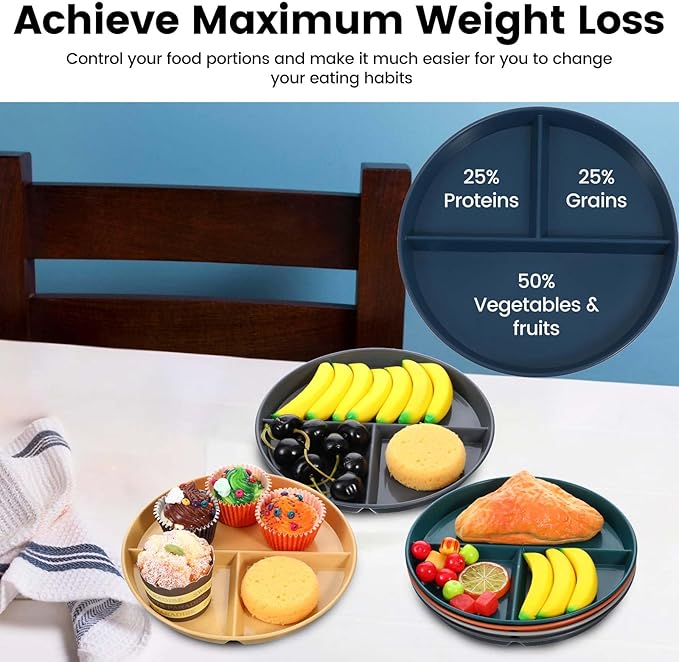 10 Pcs Unbreakable Divided Plates for Kids Adults, 9 Inch Round Portion Control Plate, 3 Compartment Plates with Dividers, Lightweight Reusable Dinnerware Portion Control Plastic, Dishwasher Safe-PurrikoPets