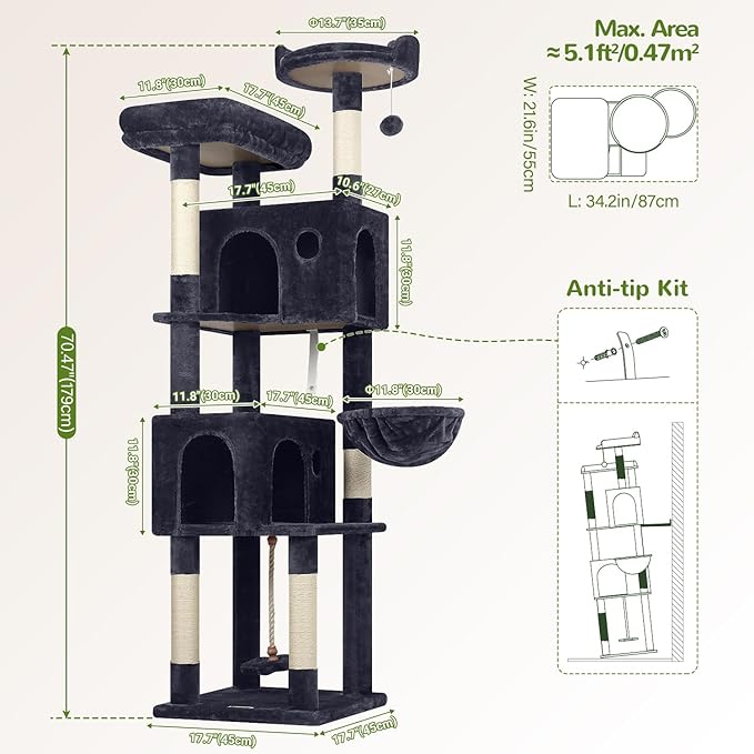 Globlazer Cat Tree, 70 inch Tall Scratching Tower Multi-Level Cat Condo for Indoor Multiple Cats with 2 Large Cat Caves, Top Perch, Large Platform, Bottom Swing, F70B, Dark Grey-PurrikoPets