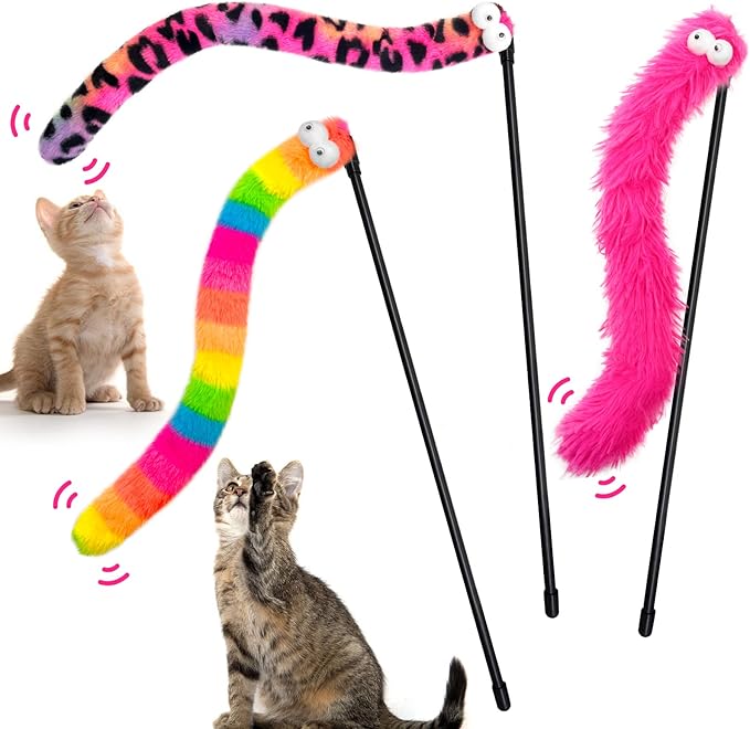 3 Pack Cat Wand Toy, Rainbow Cat Feather Toys with Bells, Teaser Wand with Soft Furry Tail, Interactive Toys for Indoor Cats & Kitten & Kitty-PurrikoPets