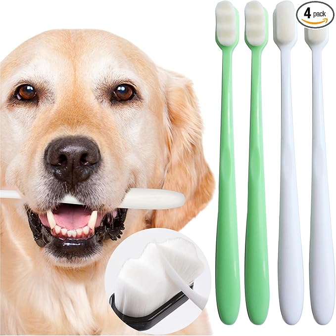 Dog Toothbrush Kit 4 Pack, 10,000 Ultra-Soft Bristles, Dog Tooth Brush for Medium to Large Dogs & Cats, Pet Tooth Brushing Kit for Easy Dental Cleaning, 2 Green Wave Head & 2 White Flat Head-PurrikoPets