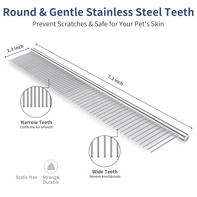 5 in 1 Dog Grooming Kit - Self-Cleaning Slicker Brush for Shedding Short Long Haired Dogs & Cats, Includes Pet Comb, Flea Comb, Bath Brush, Undercoat Rake - Complete Fur Care Set - Gray-PurrikoPets