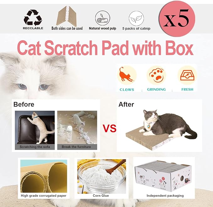 5 Packs in 1 Cat Scratch Pad with Box, Cat Scratcher Cardboard,Reversible,Durable Recyclable Cardboard, Suitable for Cats to Rest, Grind Claws and Play with Scratch Box-PurrikoPets