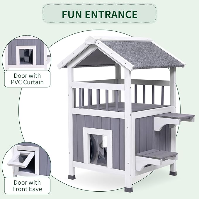 GEGURI Outdoor Cat House Weatherproof, Wooden Two-Story Feral Cat Shelter with, Escape Door, Balcony-PurrikoPets
