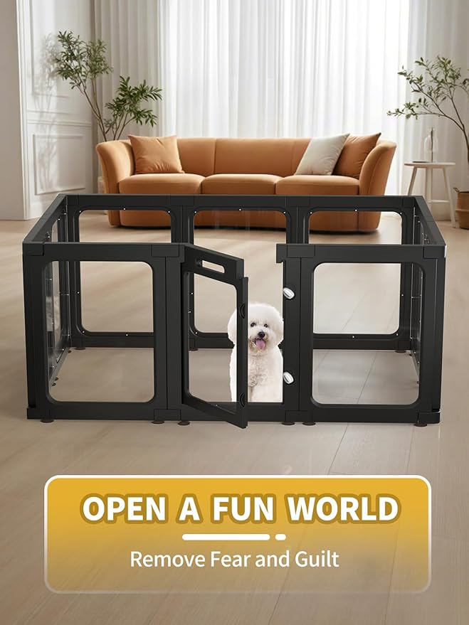 Dog Playpen, Clear Acrylic Plastic Puppy Playpen Indoor, Pet Pen for Puppy Cat Bunny, Transparent Easy Assemble Foldable Whelping Box for Dogs, Puppy Playpen with Gate (23.6" Height, 10PCS)-PurrikoPets